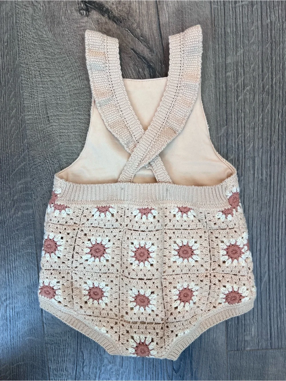 Crochet Baby One-Piece Romper in Beige and Dusty Rose